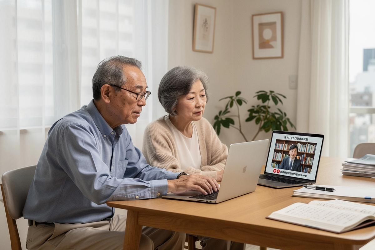 オンラインで法律相談を行うシニアと弁護士の様子